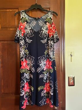 Nina Leonard Navy Floral Cold-Shoulder Midi Dress